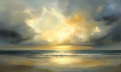 Obraz premium Dark clouds fill the sky as the sun sets, casting a somber and melancholic mood over the scene 