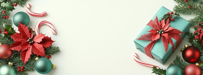 Christmas banner with a gift, Christmas balls and candy canes , isolated on white background,  , copy space, copy space for text,