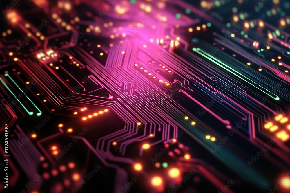 Poster vibrant abstract circuit board design with neon lines and glowing nodes