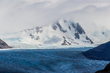 Impressive view of Glacier grey, during a hike from Refugio Grey to Paine grande, along lake grey...