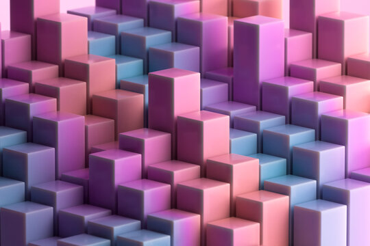Colorful 3D geometric matrix of cubes in pink, purple, and blue hues.