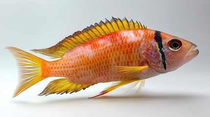 Fototapeta premium Vibrant Orange and Yellow African Cichlid Fish Swimming Gracefully Side Profile Against Soft Background