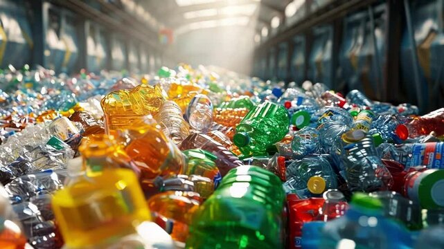 Countless plastic bottles are moving on a conveyor belt inside a brightly lit factory. The shot highlights the scale of plastic bottle manufacturing