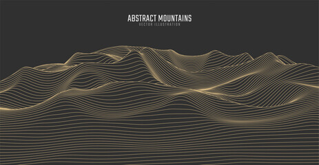 Contour mountain landscape. Waved line art. Abstract minimal topographic map. Contour lines with elevations and terrain depth. Vector illustration.