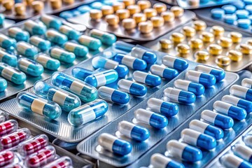 Obraz premium A Colorful Collection of Pills in Plastic Packaging Representing Healthcare and Medicine Concepts in Architectural Photography Style
