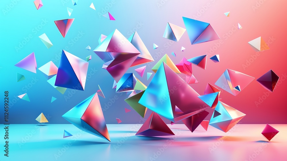 Poster a group of colorful, glowing pyramids are floating in the air.