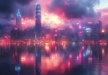 Fototapeta premium Hong Kong Harbor Skyscrapers Neon Lights Cityscape Tour Travel Boat Junk Kowloon Building Water Skyline Ocean Modern Transport Asia