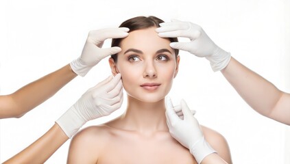 Naklejka premium Portrait young woman touched doctors gloves plastic surgery clean white background