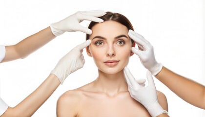 Portrait young woman touched doctors gloves plastic surgery clean white background