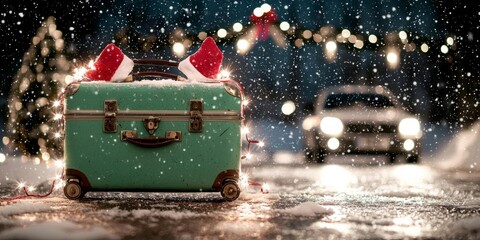 suitcase ready for holiday adventures amidst a snowy backdrop