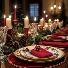 beautifully set Christmas dinner table with candles and decorations