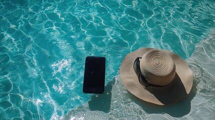Smartphone mockup on serene poolside with sunglasses hat and turquoise water