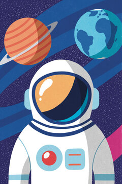 Illustration of an astronaut floating in space with Earth and another planet in the background