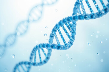 DNA strand on abstract light blue background. 