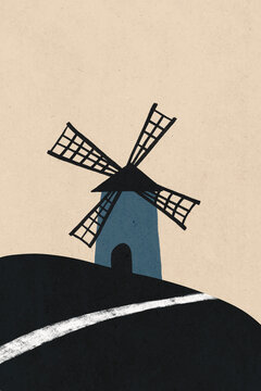 Minimalist illustration of a blue windmill on a hill with a winding path.
