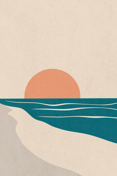 Abstract illustration of a sunset over ocean waves with a minimalist and modern aesthetic.