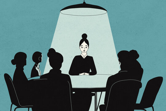 Stressed businesswoman during a job interview with recruiters sitting in the shadows.