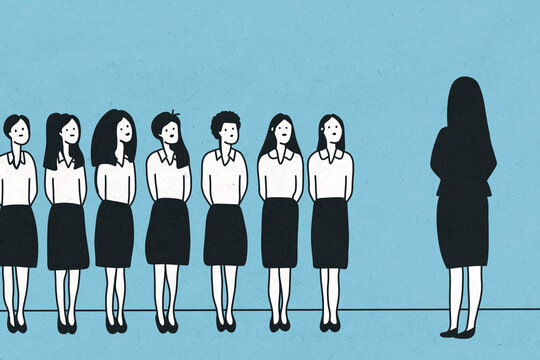 Illustration of a line of businesswomen standing with one person separate behind them.
