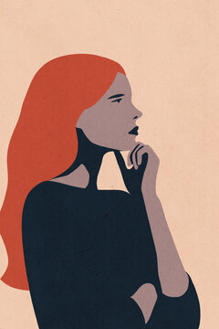 Minimalist illustration of a woman with red hair in profile, holding her chin in thought.