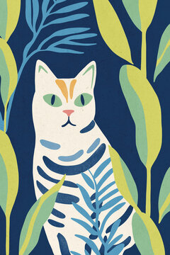 Illustration of a white cat sitting in tropical foliage featuring blue and green colors