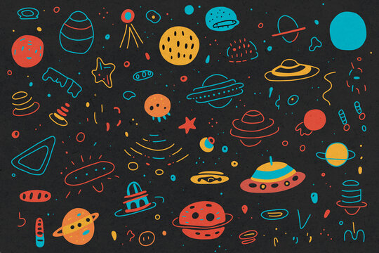 Colorful space doodles scattered across a dark background forming a whimsical design.