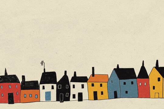 Illustration of a colorful row of quaint houses against a blank background with copy space.