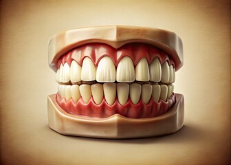 Obraz premium Vintage Dental Hygiene Ad: Exaggerated Teeth, 3D Oral Health Ivory Poster