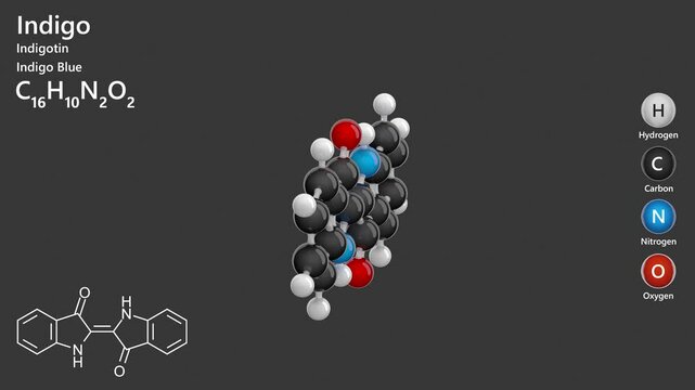 Indigo. Natural dye. Animated 3D model of a molecule. Molecular formula: C16H10N2O2. Chemical model: Ball and stick. Gray background. 3D rendering. Seamless loop.