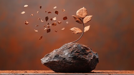 Obraz premium Minimalist sculpture of a mocha plant on top of a rock, with a brown background. Leaves and twigs appear to be floating in the air