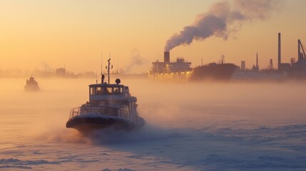 Industrial Tugboat Navigating Through Misty Harbor at Sunset