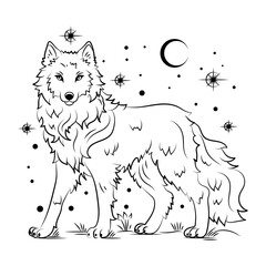 Linear drawing of a wolf on a moonlit night on a white background