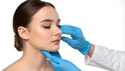 Portrait young woman touched doctors gloves plastic surgery clean white background rhinoplasty 