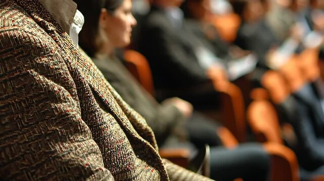 Conference Audience Close Up Attendee in Tweed Jacket Blurry Background