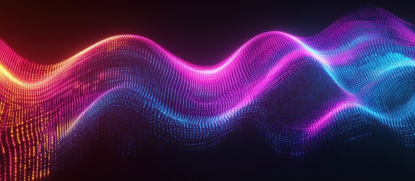 Glowing streams of binary code flowing through neon lines on a dark tech backdrop, illustrating the flow of digital information in a futuristic data network 
