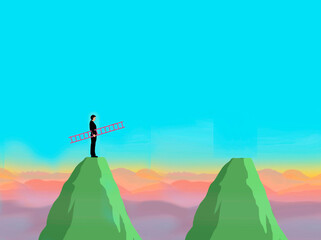Concept illustration of a man holding a small ladder on a mountain top looking at another mountain.