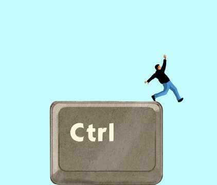 Illustration of a man slipping on an oversized control key.