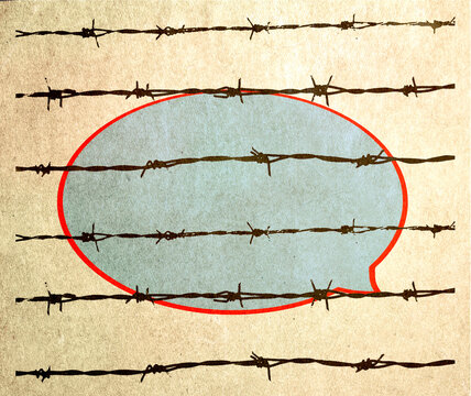 Speech bubble illustration behind barbed wire representing restriction.