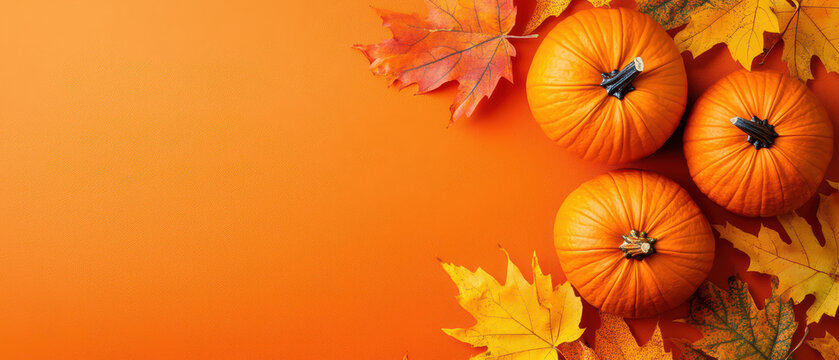 A vibrant autumn scene featuring three pumpkins surrounded by colorful fall leaves on an orange background. - Powered by Adobe
