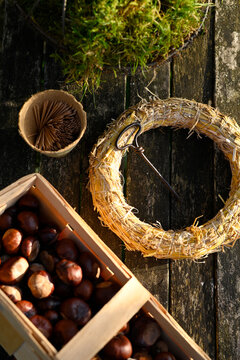 Autumn garden decoration with chestnuts and wreath