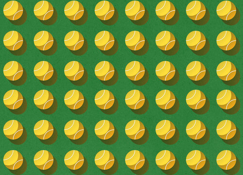 Illustration of yellow tennis balls on a green tennis court pattern