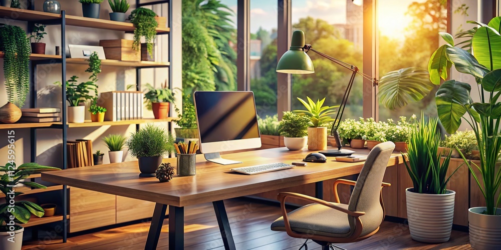 Poster a creative workspace with a computer setup: a cozy desk scene for inspiration and productivity in a 