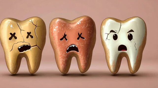 Cartoon teeth illustrating different expressions of dental health and emotions about oral care