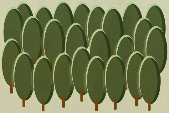 Illustration of a stylized forest with repetitive trees in a vintage style