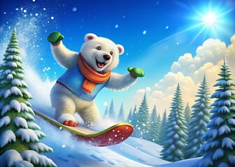 A Cute Animated Polar Bear Snowboarding Down a Slopeside, Capturing the Essence of Fun and Adventure in a Winter Wonderland for Stock Photo Opportunities
