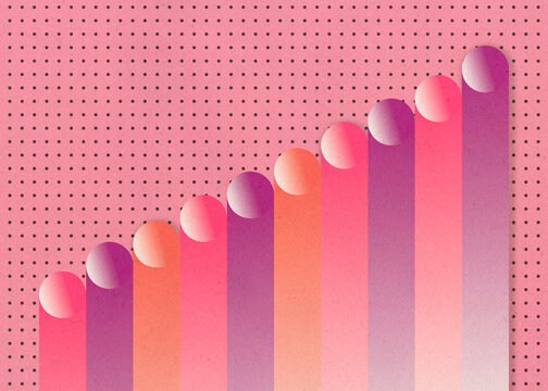 Retro stylized 3D chart illustration with colorful gradient columns and dotted pattern background
