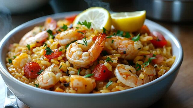 Flavorful seafood orzo with shrimp, tomatoes, and lemon served in a bowl