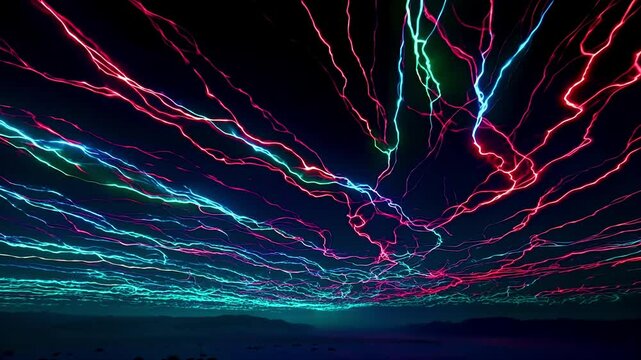 Colorful bolts of lightning streaking across a dark sky create a breathtaking display of energy and intensity, while vibrant hues amplify the dramatic mood of the stormy night