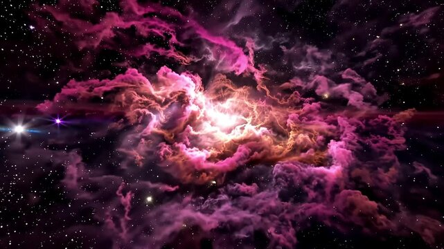 Bright pink and orange nebula cloud slowly reveals itself as the camera pans across the vastness of space, showcasing the beauty and mystery of the cosmos