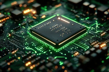 Fototapeta premium Close-up of a circuit board featuring a microchip and glowing green pathways.