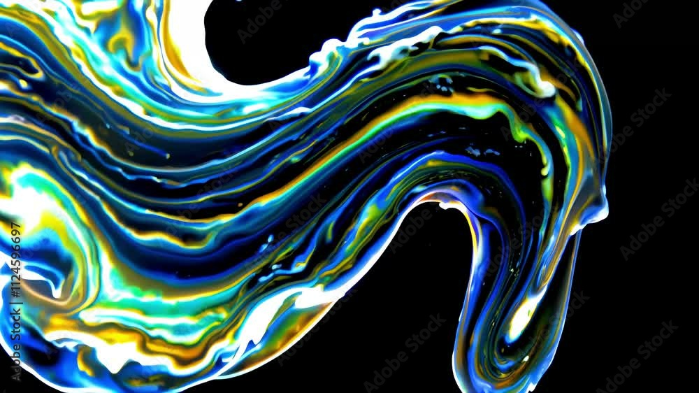 Poster colorful liquid paint blends and mixes, creating abstract shapes on a black background. vibrant hues
